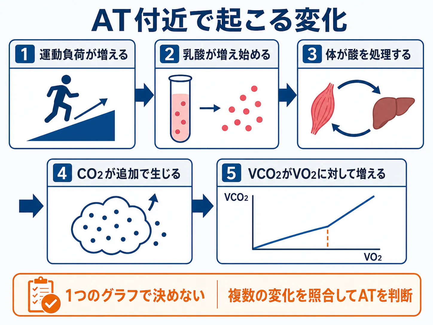 負荷増加から乳酸増加と酸の処理を経てVCO2がVO2に対して増えるAT付近のスマホ対応フロー図