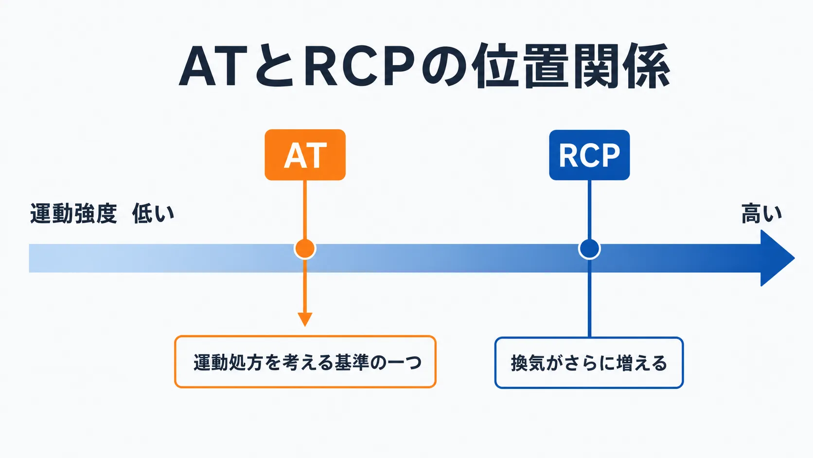 運動強度が上がる中でATとRCPが現れる順序を示す図