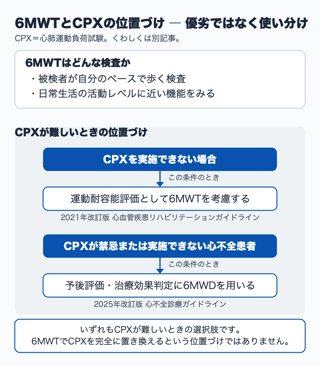 6MWTとCPXの位置づけを示した図。上:6MWTは被検者が自分のペースで歩く検査で、日常生活の活動レベルに近い機能をみる。下:CPXを実施できない場合、運動耐容能評価として6MWTを考慮する(2021年改訂版 心血管疾患リハビリテーションガイドライン)。CPXが禁忌または実施できない心不全患者では、予後評価・治療効果判定に6MWDを用いる(2025年改訂版 心不全診療ガイドライン)。いずれもCPXが難しいときの選択肢であり、完全な置き換えではない。